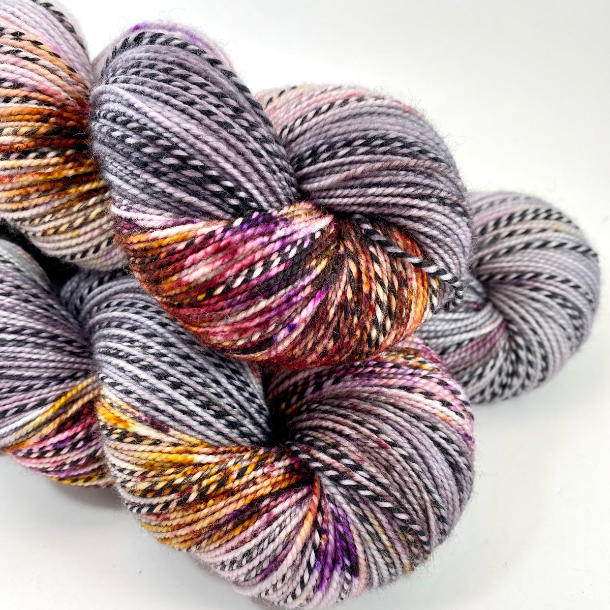 Hand Dyed Yarn Up to No Good Grey Purple Pink Gold Yellow Orange