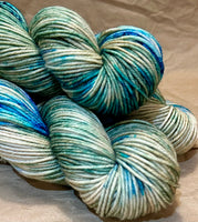 Hand Dyed Yarn "Glacial" Turquoise Teal Violet Blue Spruce Green Brown Tan Caramel Speckled Merino Worsted Superwash 210yds 192m 115g