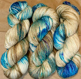 Hand Dyed Yarn "Glacial" Turquoise Teal Violet Blue Spruce Brown Tan Caramel Speckled Merino Nylon Fine Fingering SW 487yds 445m 100g