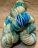 Hand Dyed Yarn "Glacial" Turquoise Teal Violet Blue Spruce Green Brown Tan Caramel Speckled Merino Worsted Superwash 210yds 192m 115g