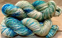 Hand Dyed Yarn "Glacial" Turquoise Teal Violet Blue Spruce Green Brown Tan Caramel Speckled Merino Worsted Superwash 210yds 192m 115g