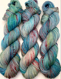 Hand Dyed Yarn "Shark Attack in the Blue Lagoon" Blue Teal Turquoise Aqua Pink Vermillion Speckled Merino DK SW 243yds 100g