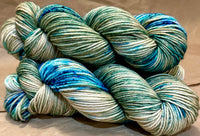 Hand Dyed Yarn "Glacial" Turquoise Teal Violet Blue Spruce Green Brown Tan Caramel Speckled Merino Worsted Superwash 210yds 192m 115g