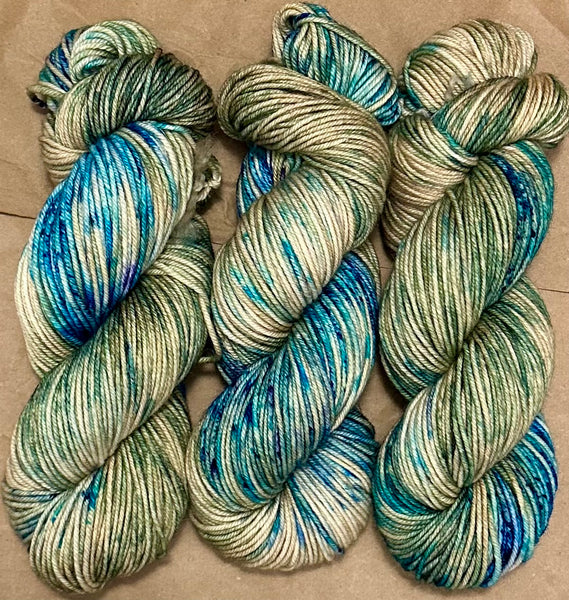 Hand Dyed Yarn "Glacial" Turquoise Teal Violet Blue Spruce Green Brown Tan Caramel Speckled Merino Worsted Superwash 210yds 192m 115g