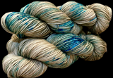 Hand Dyed Yarn "Glacial" Turquoise Teal Violet Blue Spruce Green Brown Tan Caramel Speckled Merino DK Superwash 243yds 222m 100g