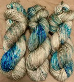 Hand Dyed Yarn "Glacial" Turquoise Teal Violet Blue Spruce Green Brown Tan Caramel Speckled Merino Worsted Superwash 210yds 192m 115g