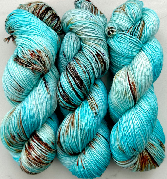 Hand Dyed Yarn "Guitars, Cadillacs" Turquoise Brown Rust Teal Violet Copper Speckled Merino Nylon Fine Fingering SW 487yds 100g