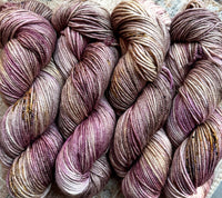 Hand Dyed Yarn "Orchids Akimbo" Purple Brown Mauve Tan Violet Taupe Caramel Ochre Speckled Merino DK Superwash 243yds 100g