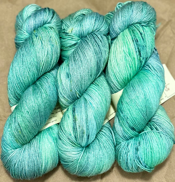 Hand Dyed Yarn "Sylph" Green Lime Blue Turquoise Mint Aqua Yellow Merino Lotus Light Fingering SW 495yds 115g