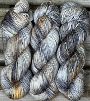 Hand Dyed Yarn “Gritty" Beige Tan Caramel Grey Gold Black Silver Speckled Merino Nylon Fine Fingering SW 463yds 100g