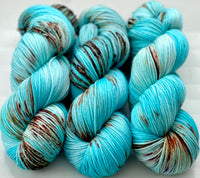 Hand Dyed Yarn "Guitars, Cadillacs" Turquoise Brown Rust Teal Violet Copper Speckled Merino Nylon Fine Fingering SW 487yds 100g