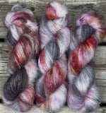 Hand Dyed Yarn "Up to No Good" Grey Silver Purple Brown Gold Red Yellow Baby Suri Alpaca Silk Heavy Laceweight 328yds 50g