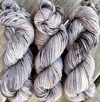 Hand Dyed Yarn "Silverbirchenstick" Grey Tan Silver Brown Black Speckled Merino DK Superwash 243yds 100g