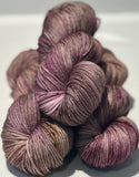 Hand Dyed Yarn "Orchids Akimbo" Purple Brown Mauve Tan Violet Taupe Caramel Ochre Speckled Merino DK Superwash 243yds 100g