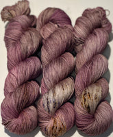 Hand Dyed Yarn "Orchids Akimbo" Purple Brown Mauve Tan Violet Taupe Caramel Ochre Speckled Merino DK Superwash 243yds 100g