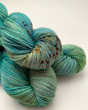 Hand Dyed Yarn "Frog on a Log" Green Spruce Lime Avocado Yellow Blue Brown Speckled Merino Superwash Worsted 210yds 115g