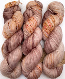Hand Dyed Yarn "Caramel Mochaccino" Brown Caramel Gold Pink Red Tan Speckled BFL Bluefaced Leicester Nylon Fingering Sock Superwash 463yds 100g