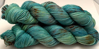 Hand Dyed Yarn "Frog on a Log" Green Spruce Lime Avocado Yellow Blue Brown Speckled Merino Superwash Worsted 210yds 115g