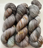 Hand Dyed Yarn "Here There Be Dragons" Green Brown Grey Khaki Gold Brown Mustard Speckled BFL Nylon Fine Fingering SW 463yds 100g