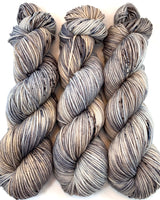 Hand Dyed Yarn "Silverbirchenstick" Grey Tan Silver Brown Black Speckled Merino DK Superwash 243yds 100g