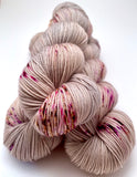 Hand Dyed Yarn "In the Gloaming" Tan Grey Blush Greige Taupe Purple Brown Gold Speckled Merino Silk DK Superwash 246yds 100g