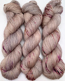 Hand Dyed Yarn "In the Gloaming" Tan Grey Blush Greige Taupe Purple Brown Gold Speckled Merino Silk DK Superwash 246yds 100g