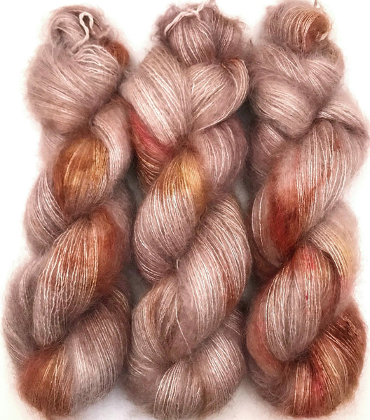 Hand Dyed Yarn "Caramel Mochaccino" Brown Gold Caramel Taupe Pink Baby Suri Alpaca Silk Laceweight 437yds 50g