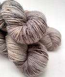 Hand Dyed Yarn "Silverbirchenstick" Grey Tan Silver Brown Black Speckled Merino DK Superwash 243yds 100g