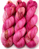 Hand Dyed Yarn "Oink Ponk" Pink Magenta Fuchsia Hot Pink Red Gold Bordeaux Caramel Speckled Merino Worsted Superwash 218yds 100g