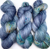 Hand Dyed Yarn "BeeBop Blues" Blue Navy Grey Turquoise Teal Gold Yellow Violet Green Speckled Polwarth Fingering Superwash 438yds 100g