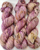 Hand Dyed Yarn "Orchids Akimbo" Purple Brown Mauve Tan Violet Taupe Caramel Ochre Speckled Merino DK Superwash 243yds 100g