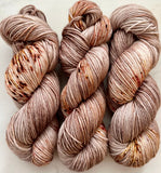 Hand Dyed Yarn "Caramel Mochaccino" Brown Taupe Tan Gold Caramel Pink Speckled Merino DK Superwash 243yds 100g