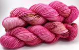 Hand Dyed Yarn "Oink Ponk" Pink Magenta Fuchsia Hot Pink Red Gold Bordeaux Caramel Speckled Merino Worsted Superwash 218yds 100g