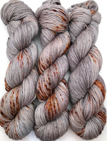 Hand Dyed Yarn "Rusty Bucket" Grey Brown Rust Copper Silver Orange Speckled BFL Bluefaced Leicester Nylon Fingering Sock Superwash 463yds 100g