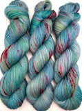 Hand Dyed Yarn "Shark Attack in the Blue Lagoon" Blue Teal Turquoise Aqua Pink Vermillion Speckled Merino Sport SW 328yds 100g