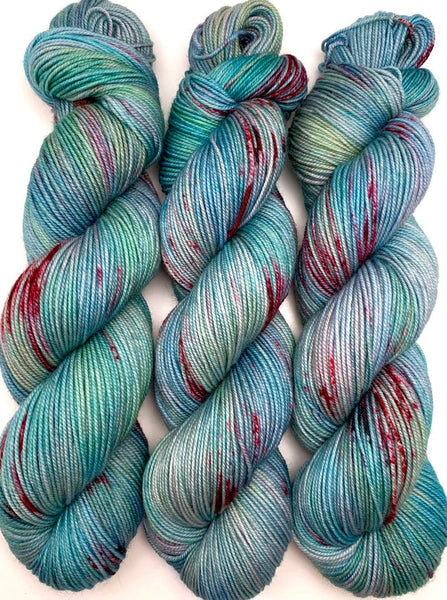 Hand Dyed Yarn "Shark Attack in the Blue Lagoon" Blue Teal Turquoise Aqua Pink Vermillion Speckled Merino Nylon Fingering Sock SW 463yds 100g