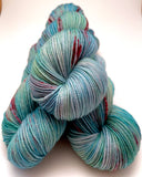 Hand Dyed Yarn "Shark Attack in the Blue Lagoon" Blue Teal Turquoise Aqua Pink Vermillion Speckled Merino Sport SW 328yds 100g