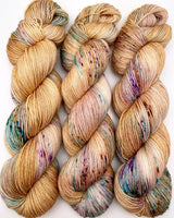 Hand Dyed Yarn "Funny Honey" Gold Tan Yellow Brown Turquoise Violet Blue Speckled Merino Nylon Fine Fingering Superwash 463yd 100g