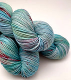 Hand Dyed Yarn "Shark Attack in the Blue Lagoon" Blue Teal Turquoise Aqua Pink Vermillion Speckled Merino Nylon Fingering Sock SW 437yds 100g