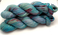 Hand Dyed Yarn "Shark Attack in the Blue Lagoon" Blue Teal Turquoise Aqua Pink Vermillion Speckled Merino Nylon Fingering Sock SW 437yds 100g