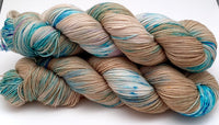 Hand Dyed Yarn "Glacial" Blue Teal Turquoise Violet Brown Tan Caramel Speckled Merino Sport Weight Superwash 328yds 100g