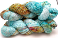 Hand Dyed Yarn "Fishgold" Blue Turquoise Aqua Rust Orange Gold Pink Speckled Merino Alpaca Nylon Fingering Superwash 437yds 100g