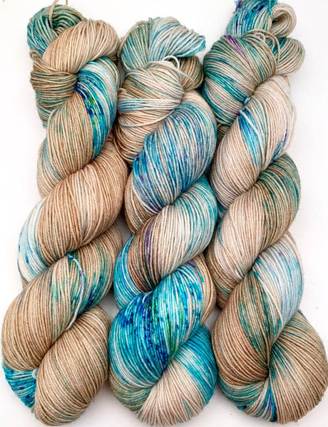 Hand Dyed Yarn "Glacial" Turquoise Teal Violet Blue Brown Tan Caramel Speckled Merino Nylon Fine Fingering SW 463yds 100g