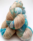 Hand Dyed Yarn "Glacial" Turquoise Teal Violet Blue Brown Tan Caramel Speckled Merino Nylon DK Superwash 248yds 100g