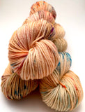 Hand Dyed Yarn "Peach Screech" Peach Pink Coral Orange Yellow Gold Turquoise Violet Green Speckled Merino Nylon DK Yarn SW 248yds 100g