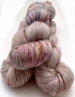 Hand Dyed Yarn "In the Gloaming" Tan Grey Blush Greige Taupe Purple Brown Gold Speckled Merino Silk Fingering Singles Superwash 438yds 100g