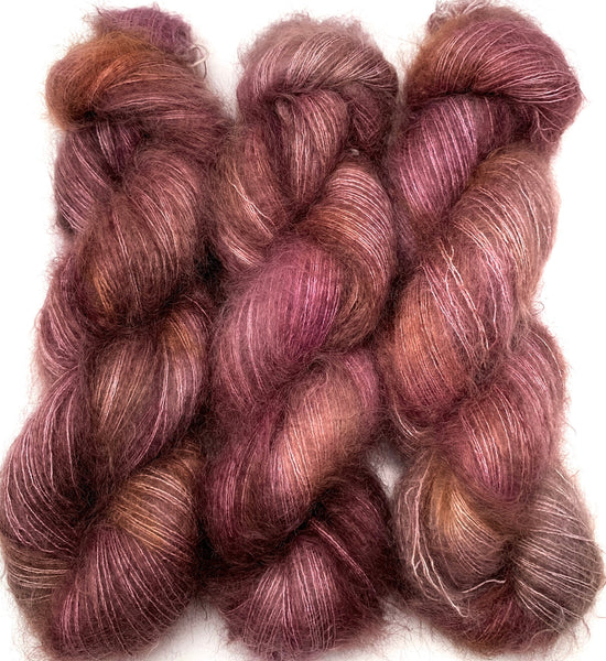 Hand Dyed Yarn "Plush" Purple Plum Brown Gold Puce SuperKid Mohair Silk Laceweight 465yds 50g