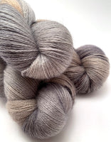 Hand Dyed Yarn "Silverbirchenstick" Grey Brown Tan Black Speckled Bluefaced Leicester Lace Superwash 875yds 100g