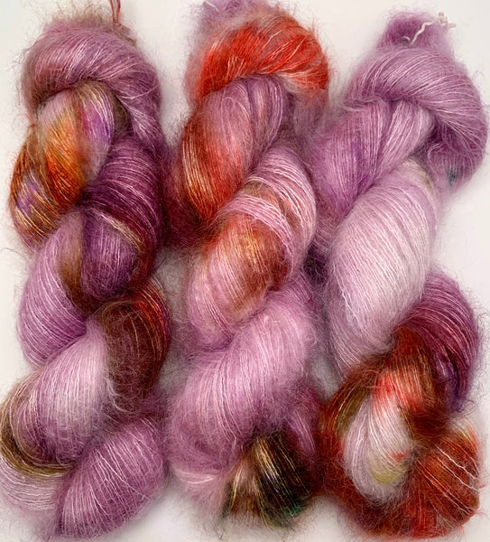 Hand Dyed Yarn “Hullabaloo" Purple Mauve Violet Red Gold Green Brown Ochre Speckled Kid Mohair Silk Laceweight 465yds 50g