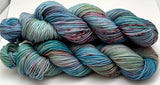 Hand Dyed Yarn “Shark Attack in the Blue Lagoon” Blue Teal Turquoise Aqua Pink Vermilion Speckled Merino Worsted 8 Ply SW 218yds 100g